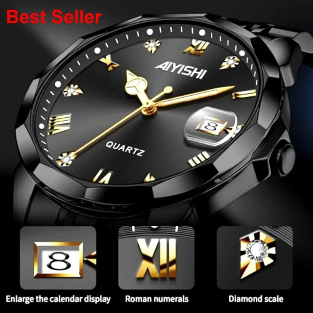 Stainless Steel Dress Watch with Roman Numerals Diamond Dial Waterproof